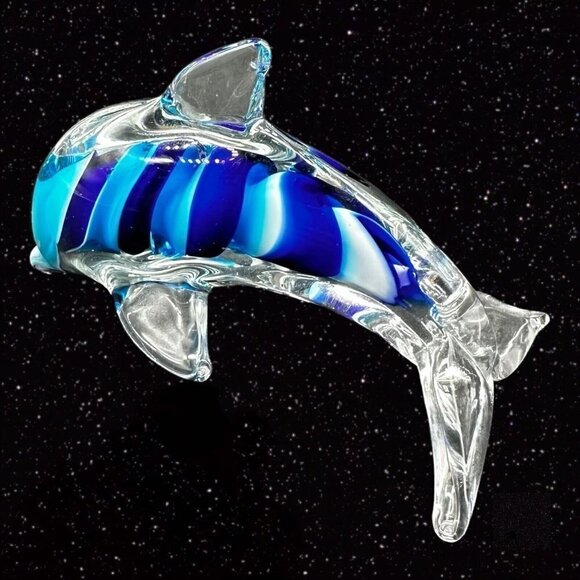 Art Glass Dolphin Blue Swirls Multicolor Paperweight Figurine 2.5”T 4.5”W - Picture 6 of 13